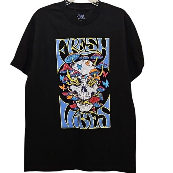 Fresh Vibes Colorful Skull Graphic Tee Size Medium New Mushroom Butterflies - Picture 1 of 5